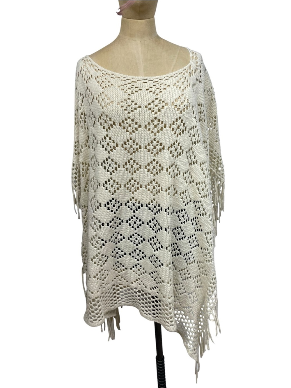 Ivory Open Knit Poncho Crochet Boho Cape Fringe One Size Soft Cottage Whimsy